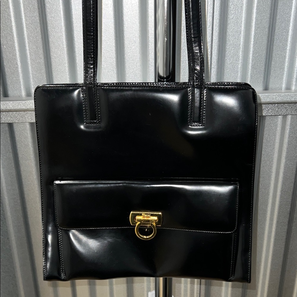 Salvatore Ferragamo Black Leather Shoulder Bag with Gold Accent